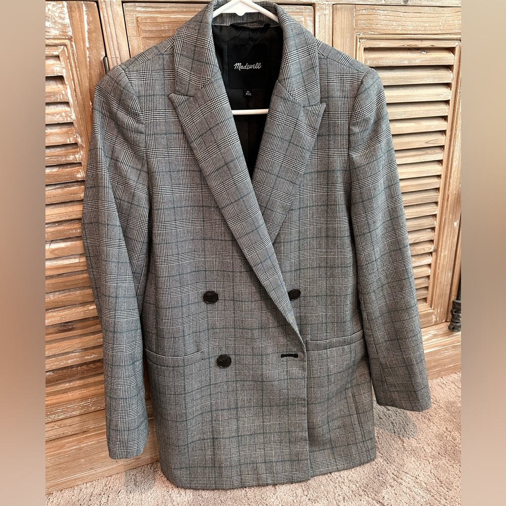 Madewell Caldwell Grey/Blue Plaid Double-Breasted Blazer (Size XS)